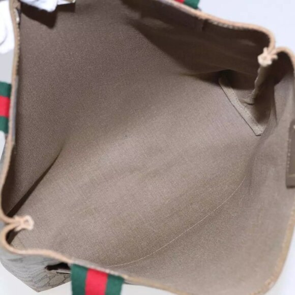 GUCCI GG Canvas Web Sherry Line Tote Bag PVC Leather Beige Green Red Auth - Picture 15 of 16
